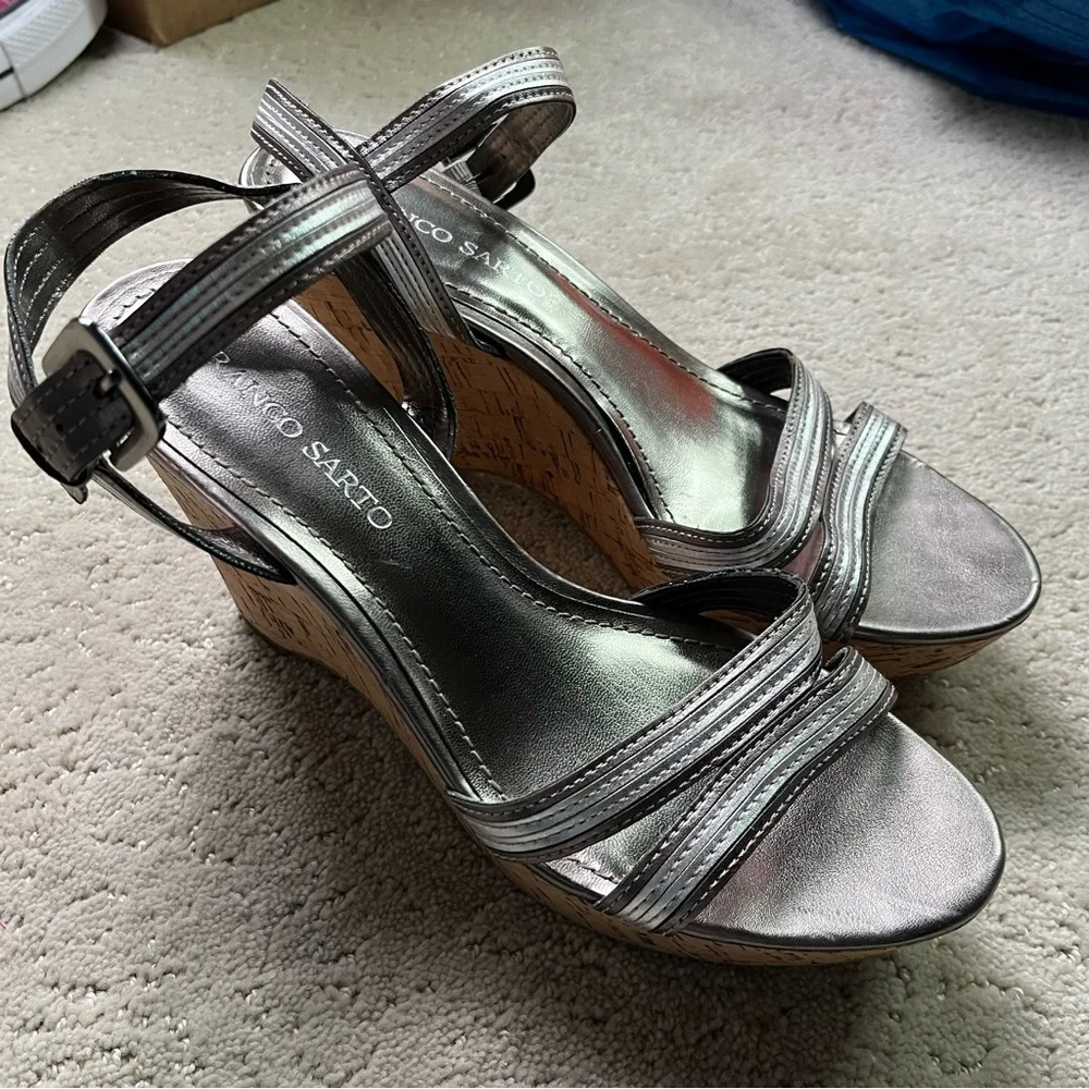 Franco Sarto Florina Cork Wedge Platform Sandals Silver Metallic Strappy 10M 🏷️